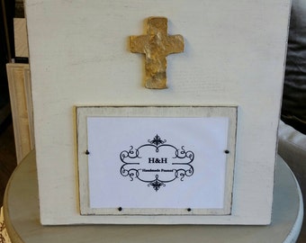 Handmade Wood Frame Painted Oyster White Distressed With A Gold Leaf Cross - Wedding - Baby - Baptism - House Warming Gift.