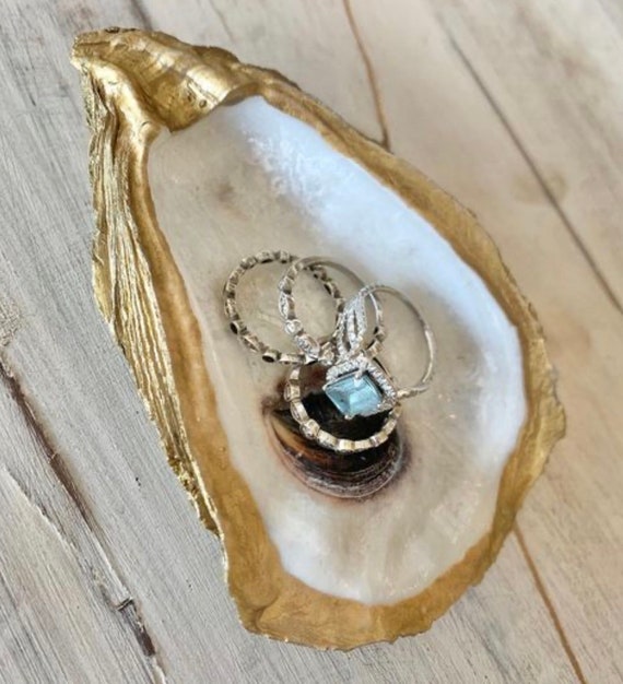 Gold Leaf Oyster Shell Ring Dish: Handmade Jewelry Trinket Holder