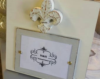 Handmade Painted Wood Picture Frame - With aged finish with antique gold fleur- de -lis the french symbol  for new beginnings.