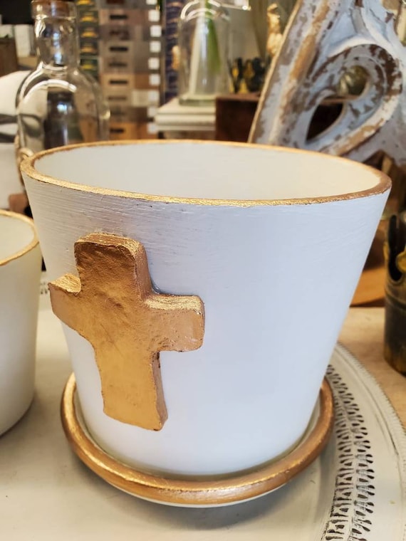 Flower Container - Herb Planter Painted White With Gold Accents - Handmade Gold Cross - Organization.