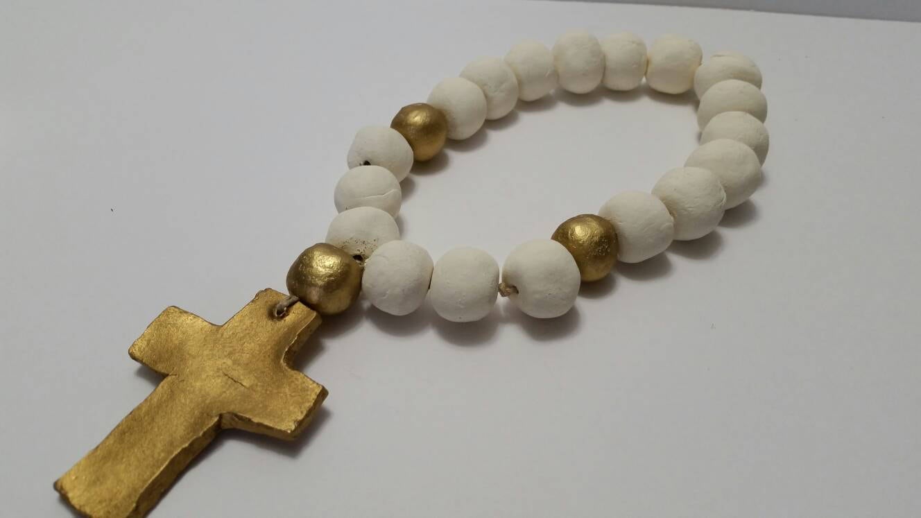 White Blessing Beads Clay Handmade With Gold Leaf And Cross Wedding
