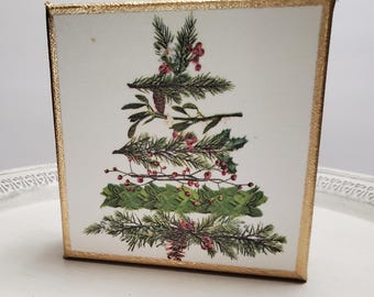 Fun Tree Design On Canvas With Gold Leaf Accents 5x5 - Hostess Gift-   Christmas - A Happy Gift - Housewarming Gift - Holiday Decoration
