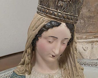 Beautiful Hand Painted Bust Of The Virgin Mary With Removable Metal Crown
