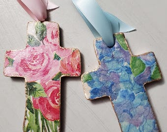 Large Gold Leaf Clay Cross With Flower Design Ornament: Handmade Blessing Gift Tag