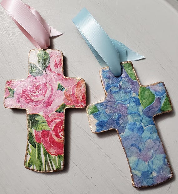 Large Gold Leaf Clay Cross With Flower Design Ornament: Handmade Blessing Gift Tag