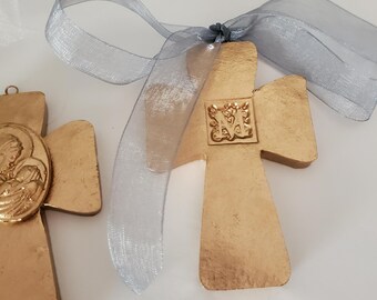 Gold Handmade Cross Ornament Hanging - Christmas Gift - Catholic - Blessing - Hostess Gift - Housewarming - First Communion - Intaglio