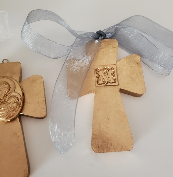 Gold Clay Cross Ornament: Handmade Catholic Gift with Ribbon