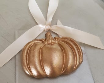 Pumpkin Gold Handmade Clay Ornament On Acrylic -Blessing - Hostess Gift - Fall Holiday-Housewarming - Thanksgiving