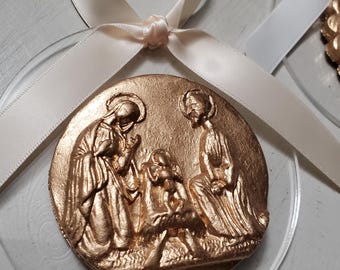 Nativity Holy Family Handmade Clay Ornament On Acrylic -Blessing - Hostess Gift - Holiday-Housewarming - Christmas.