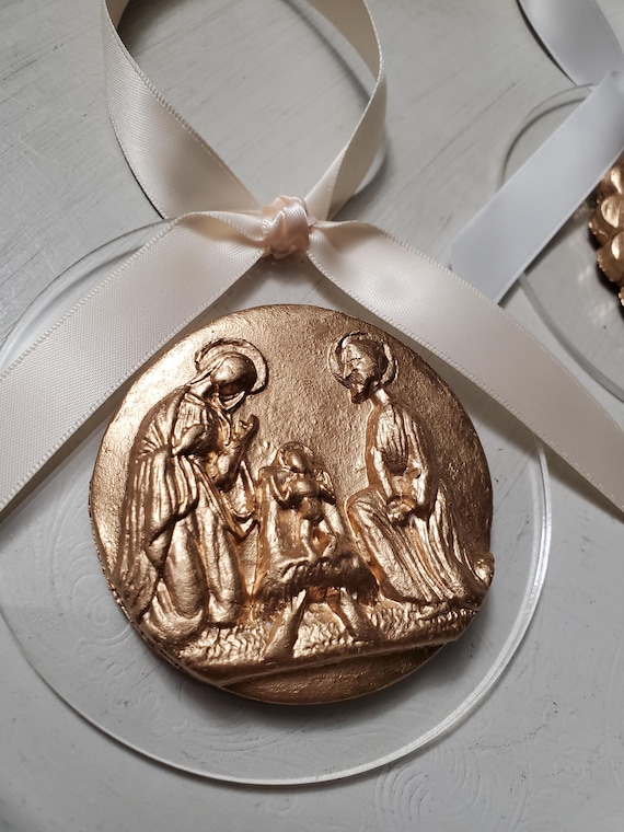 Handmade Clay Nativity Ornament: Gold Holy Family on Acrylic