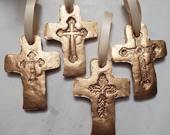 Gold Leaf Handmade Clay Cross Ornament - Blessing, Gift Tag, Hostess Gift.
