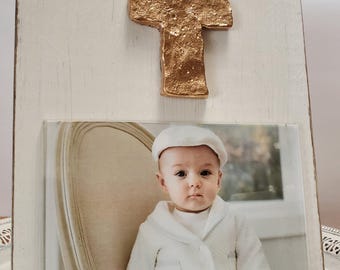Handmade Wood Frame Painted Oyster White Distressed With A Gold Leaf Cross - Wedding - Baby - Baptism - House Warming Gift.