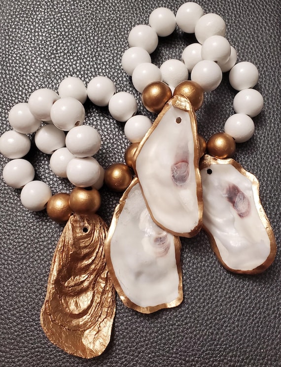 Gold Leaf Oyster Shell Napkin Ring: Coastal Beaded Table Decor