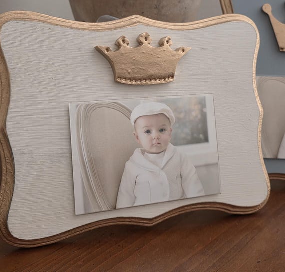 Shaped Frame With Gold Large Crown 4x6 Photo Frame Painted Oyster White  Distessed - Baby Gift- Wedding- Birthday- Hostess - Carnival Favors