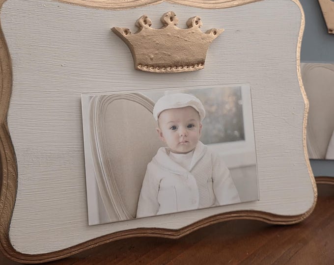 Featured listing image: Shaped Frame With Gold Large Crown 4x6 Photo Frame Painted Oyster White  Distessed - Baby Gift- Wedding- Birthday- Hostess - Carnival Favors
