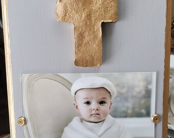 Gold Large Cross Frame 5x7 Photo Frame Painted Paris Gray Distessed - Baby Gift- Wedding- Birthday- Hostess