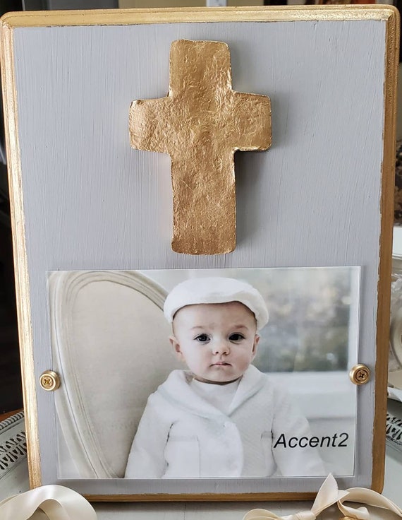 Gold Large Cross Frame 5x7 Photo Frame Painted Paris Gray Distessed - Baby Gift- Wedding- Birthday- Hostess