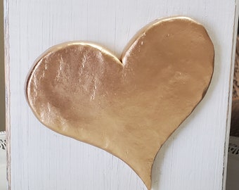 Handmade Gold Leaf Heart - On Wood Distressed White   Block - Valentine Gift For Loved One Or Just Someone Special- Art Piece