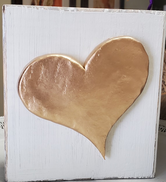 Handmade Gold Leaf Heart Art: Distressed White Wood Block