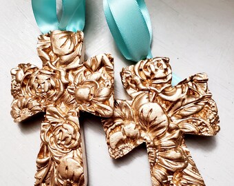 Gold Handmade Flower Cross Ornament Hanging - Christmas Gift - Catholic - Blessing - Hostess Gift - Housewarming