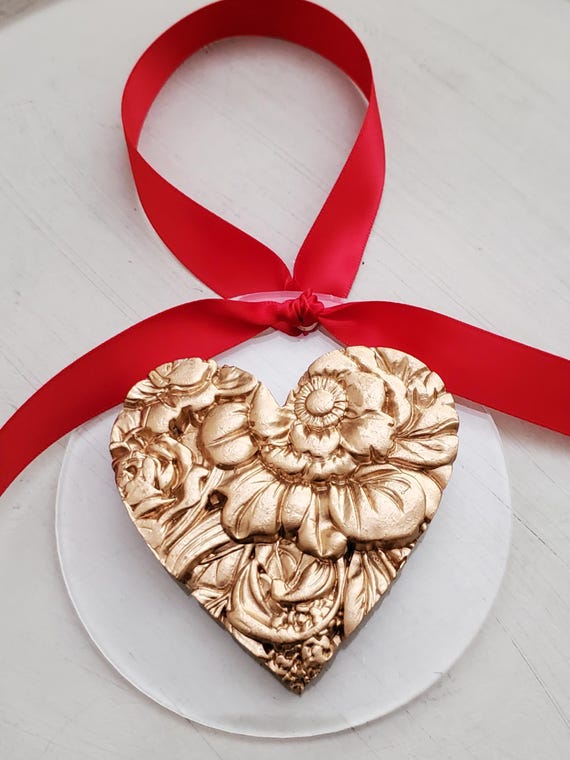 Gold Handmade Heart Ornament On Acrylic Hanger - Christmas Gift - Blessing - Hostess Gift - Birthday -Housewarming - Religious - Baby Gift.