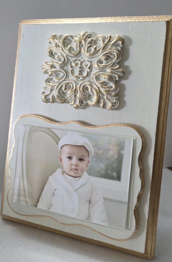 Frame 4x6 Photo White And Gold Architectural Deco, Painted Oyster White Gold Leaf - Baby Gift- Wedding- Birthday- Hostess