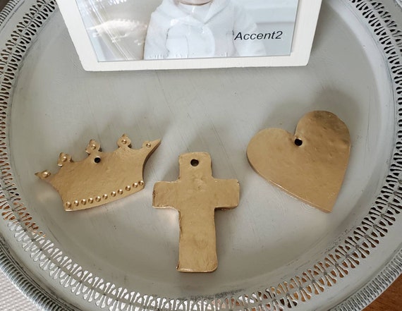 Gold Leaf Handmade Clay Charms: Heart, Crown, Cross - Blessing Gift Tag