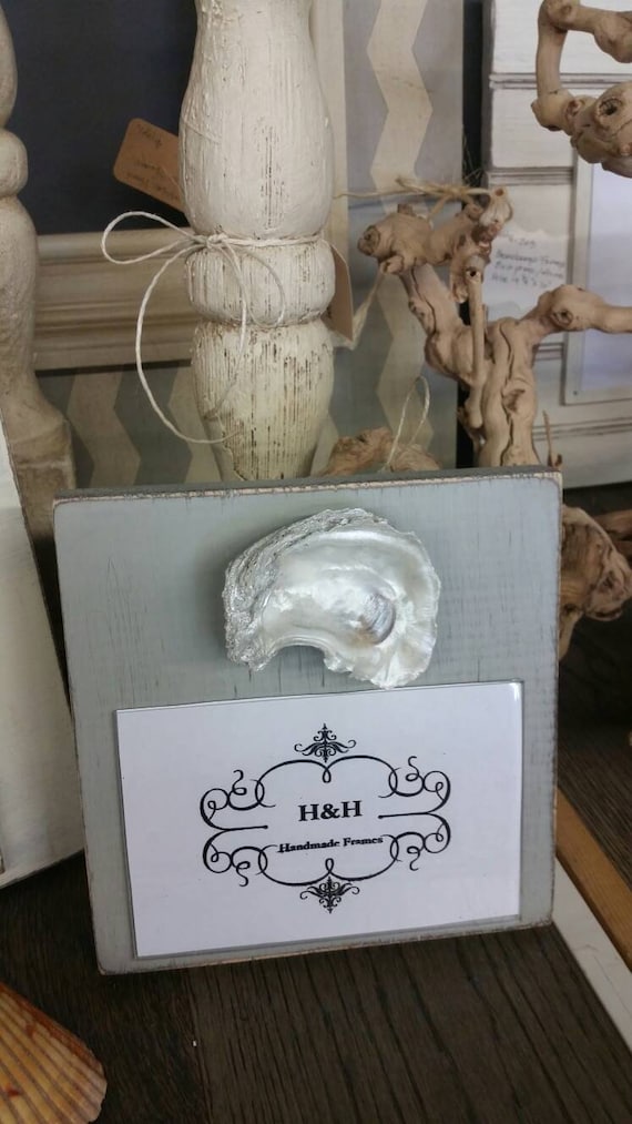 Oyster on Handmade Wood Frame for 4x6 Photo - Painted - Distressed Grey - Coastal - Gift - Beach.