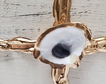 Hand Painted Wooden Block With Gold Cross And Oyster Shell