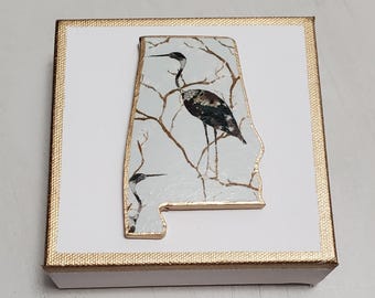 State of Alabama on Canvas With a Chinoiserie Heron and Gold 6x6 - Hostess Gift- Holidays - A Happy Gift - Housewarming Gift - Birthday.