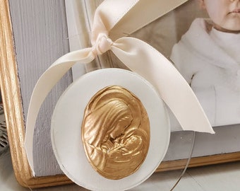 Handmade Gold Mary and Baby Jesus Intaglio Ornament on Acrylic