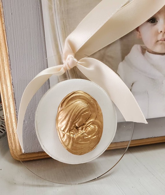 Handmade Gold Mary and Baby Jesus Intaglio Ornament on Acrylic