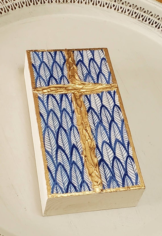 Hand Painted Wooden Gold Cross Block - Blue And White Design.
