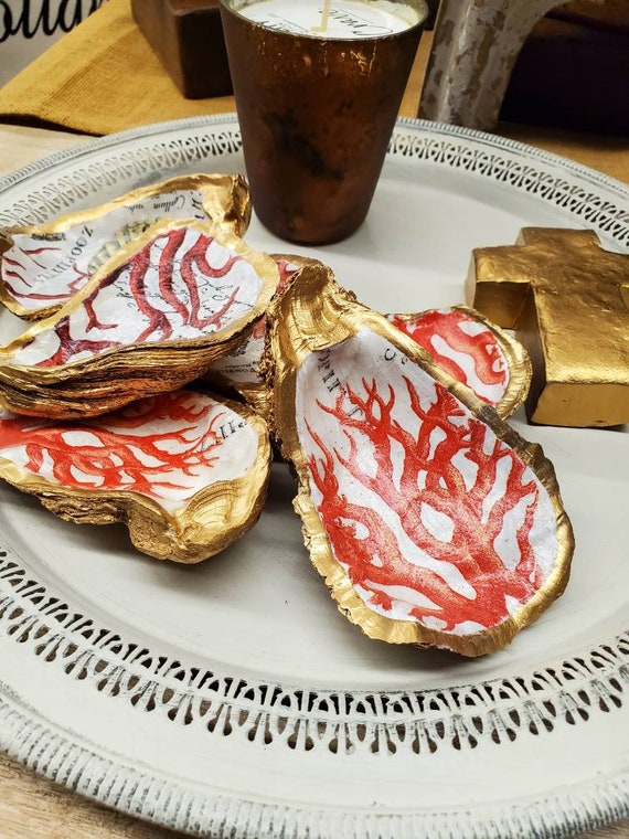 Gold Leaf Oyster Shell Ring Dish: Red Coral Coastal Decor