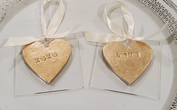 Gold Clay Heart Ornament: Handmade Acrylic Blessing Gift