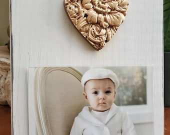 Oyster White Wood Photo Frame with Gold Leaf Flower: 4x6 Handmade Distressed Decor