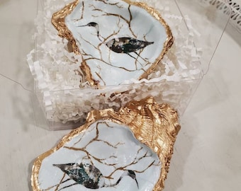 Oyster Shell Chinoiserie Heron Design - Coastal -  Hostess Gift - Bridesmaid Gift - Housewarming Ring Dish Home Decor - Ornament.