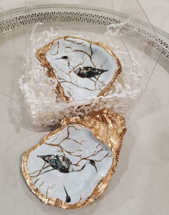 Oyster Shell Ring Dish: Chinoiserie Heron, Gold Leaf Coastal Decor