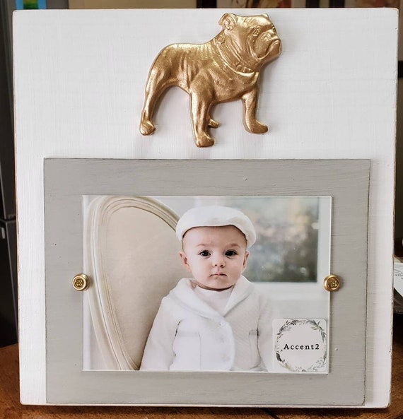 Handmade Bulldog Picture Frame: Distressed Gray & White, 5x7 Photo