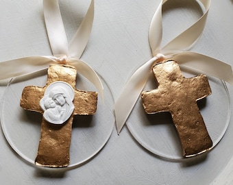 Gold Handmade Cross Ornament On Acrylic - Christmas Gift - Catholic - Blessing - Hostess Gift - Housewarming - First Communion - Intaglio
