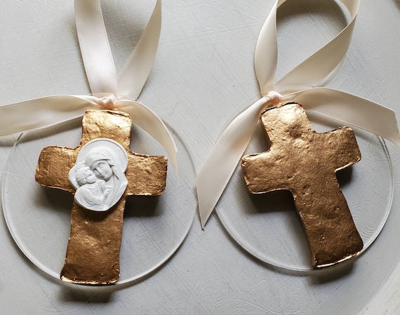 Gold Clay Cross Ornament on Acrylic: Catholic Gift