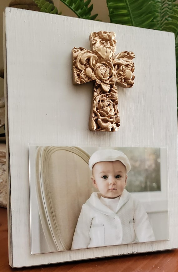 Oyster White Wood Photo Frame with Gold Leaf Flower Cross - 4x6