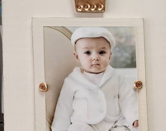 Crown With Gold Leaf on Handmade Wood Picture Frame - Painted and Distressed Oyster White - 5x7 Vertical Photo - Gift.