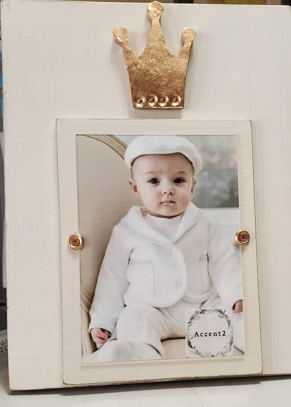 Gold Leaf Crown Picture Frame: Handmade Distressed Oyster White Wood, 5x7 Photo