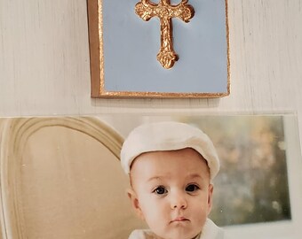 Handmade Frame With Gold Leaf Cross Blue Intaglio 4x6 Photo Boy Baby  Christening Gift.