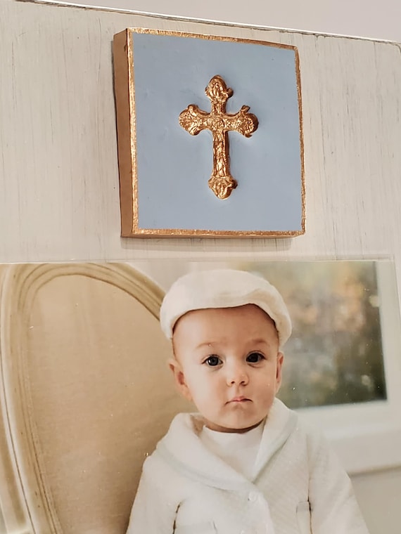 Handmade Frame With Gold Leaf Cross Blue Intaglio 4x6 Photo Boy Baby  Christening Gift.
