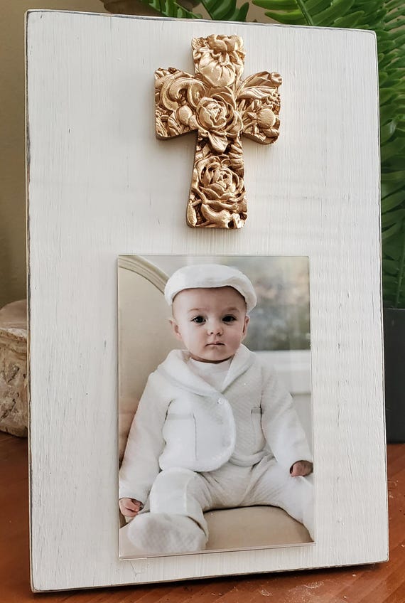 Handmade Oyster White Wood Photo Frame with Gold Leaf Flower Cross