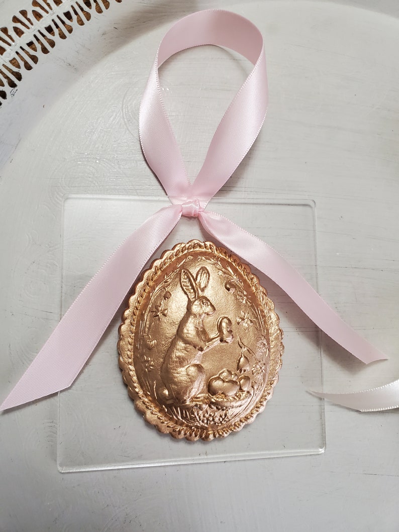 Gold Handmade Clay Ornament On Acrylic Hostess Gift Housewarming Gift Easter Rabbit Baby Shower image 4