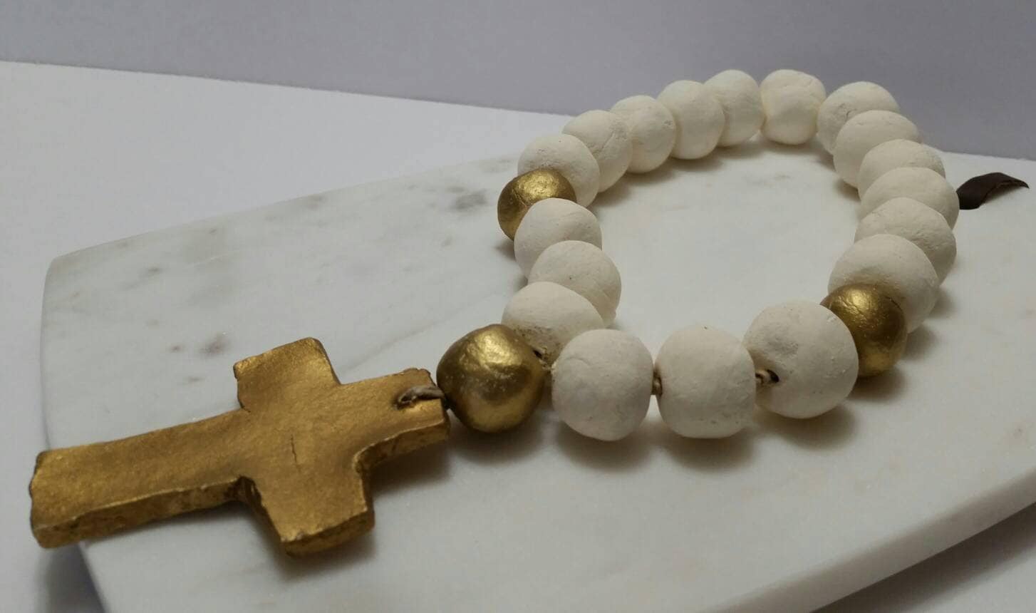 White Blessing Beads Clay Handmade With Gold Leaf And Cross Wedding