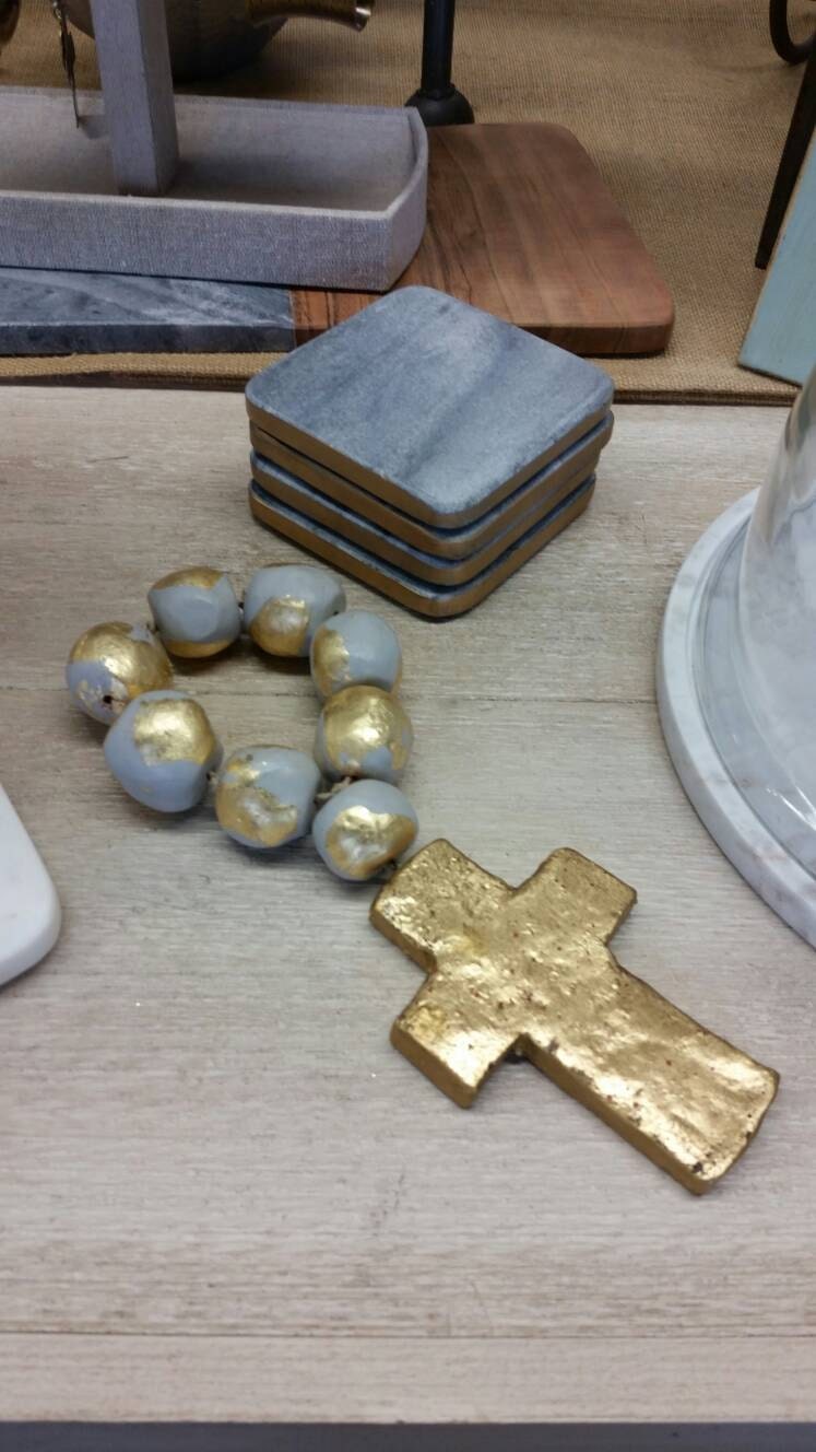 Grey Blessing Beads Jumbo Clay Handmade With Gold Leaf And Cross